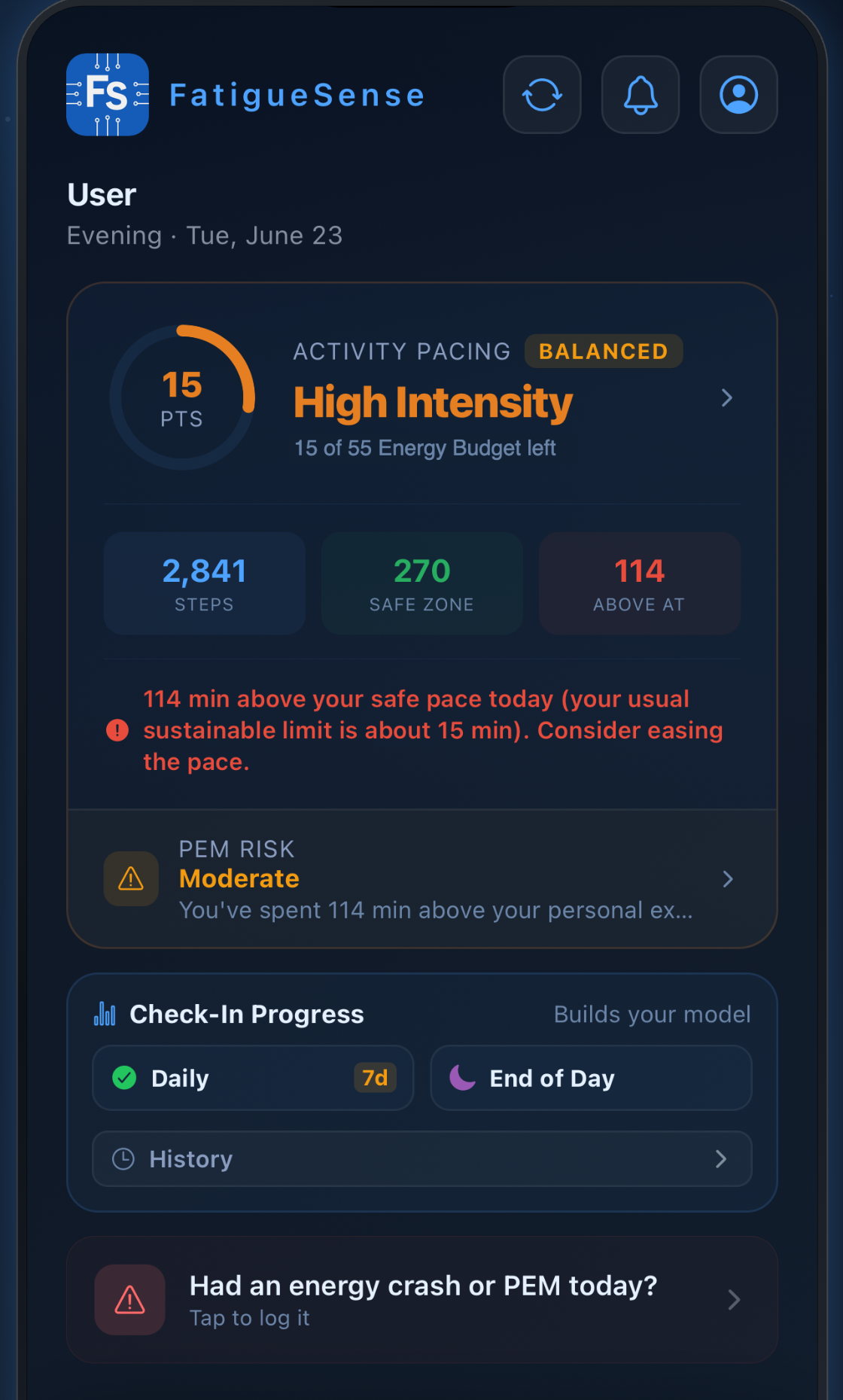 FatigueSense dashboard showing your daily energy budget